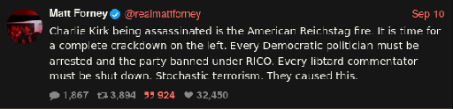 Tweet by Matt Forney from September 10, 2025: "Charlie Kirk being assassinated is the American Reistag fire. It is time for a complete crackdown on the left. Every Democratic politician must be arrested and the party banned under RICO. Every libtard commentator must be shut down. Stochastic terrorism. They caused this."