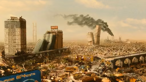 frame from Idiocracy showing trash and building collapse