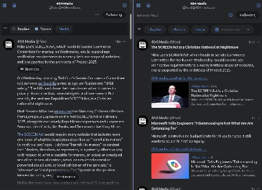 On the left, the 404 Media Ghost account (@feed @404media.co), as viewed from my GotoSocial account, via Phanpy. On the right, the same account, as viewed from a Mastodon account, also via Phanpy.